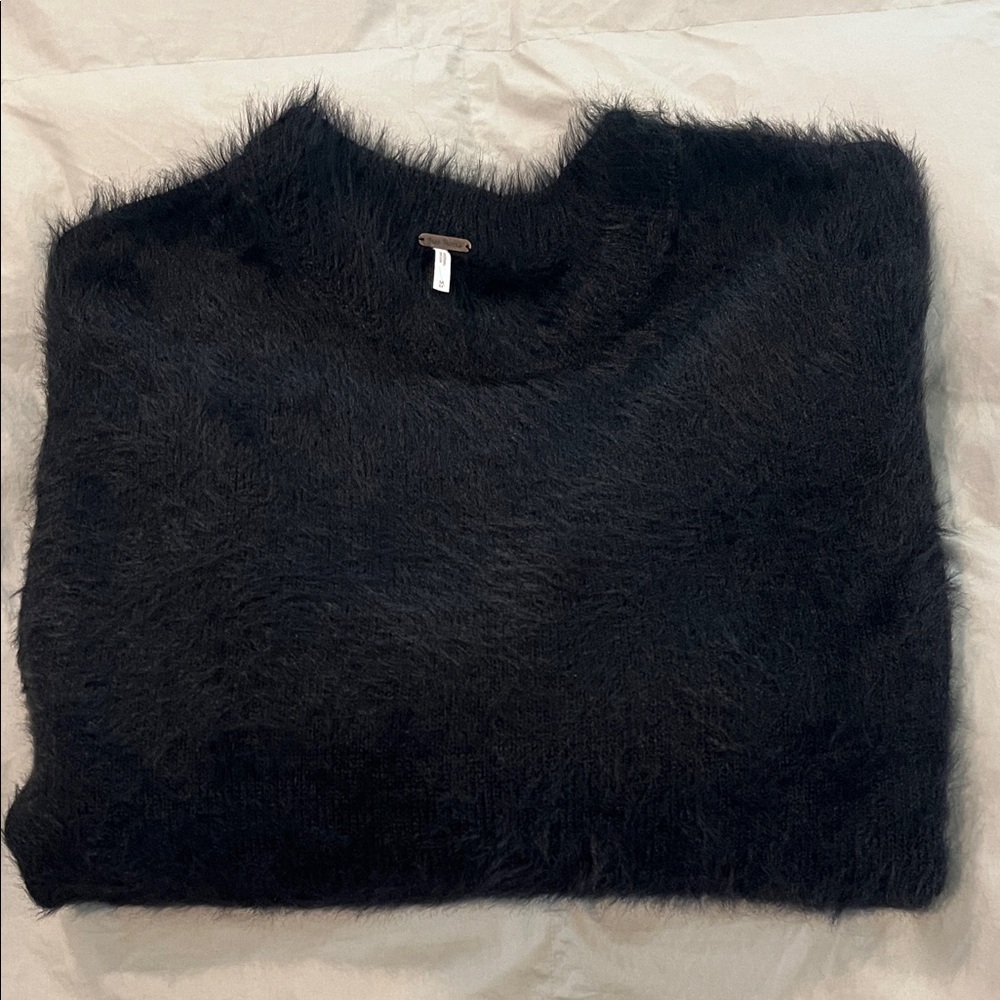 Free People Black Fuzzy Crew Neck Sweater